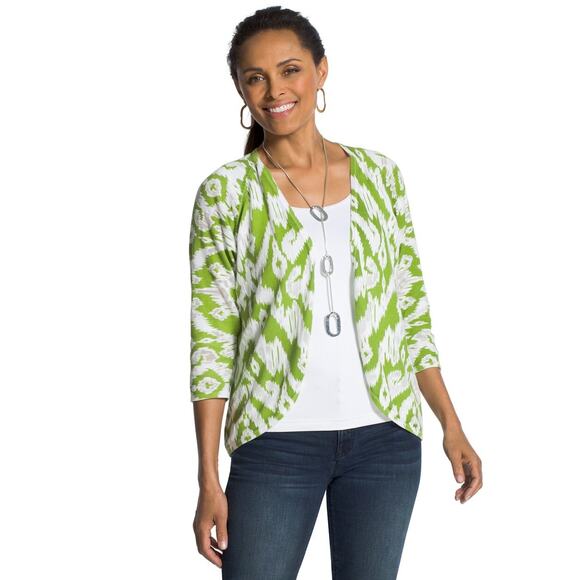 Chico's Tianna Cardigan 1 M Ikat Burnout Open Front 3/4 Sleeve Knit Green White - Picture 1 of 9